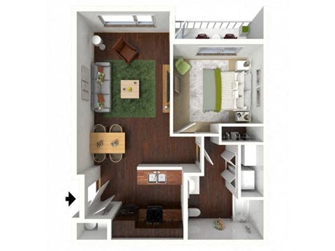 A top down view of a small apartment with a kitchen, living room, and bathroom.